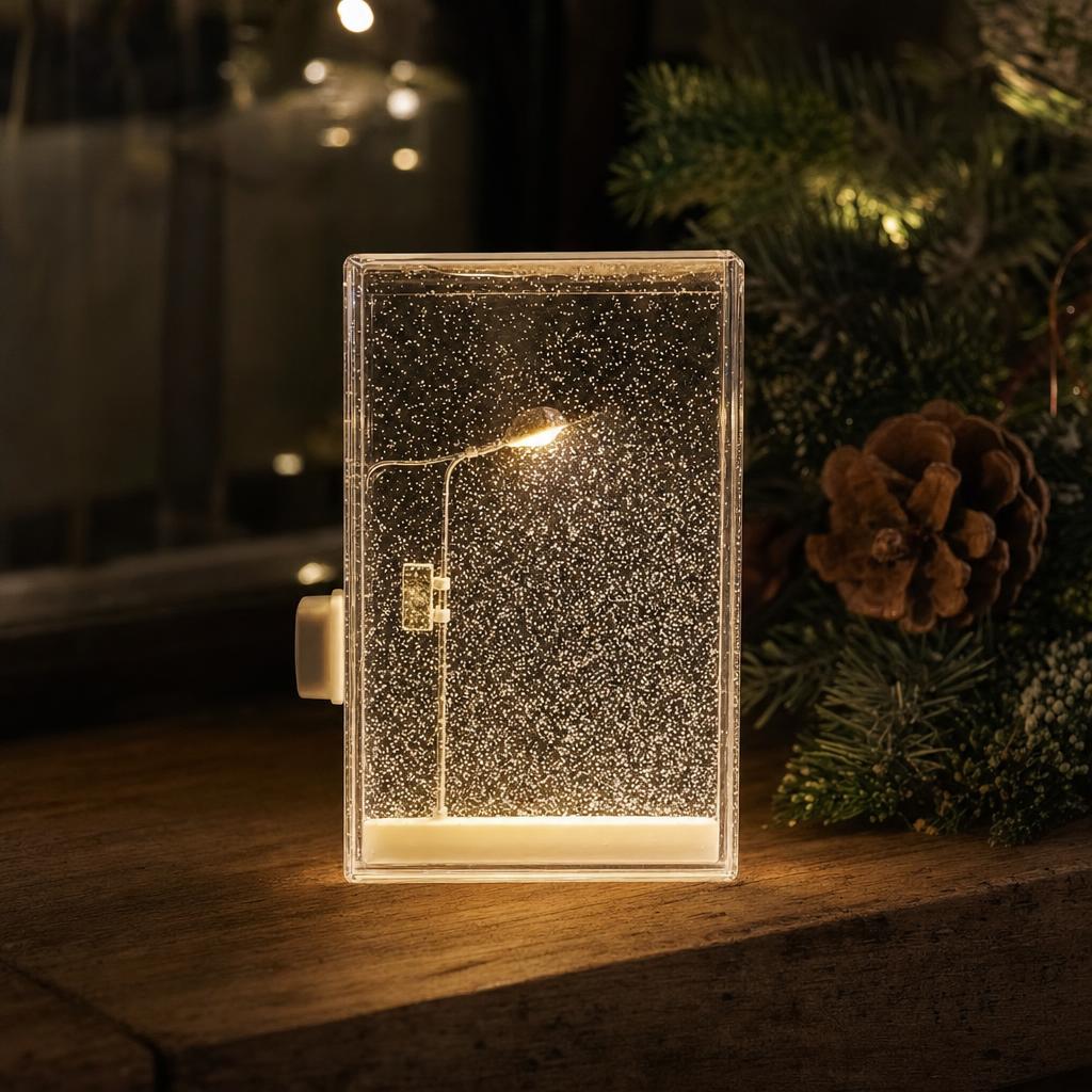 Kit DIY de lámpara de nieve con farola LED sobre una mesa decorada